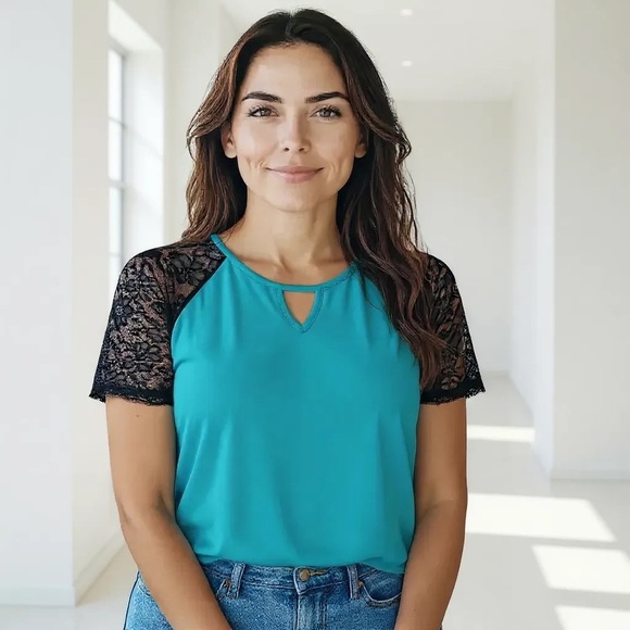 TORRID Size 00 0X XL Teal Blue Black Lace Sleeve Chiffon Blouse R $46 - Picture 7 of 7